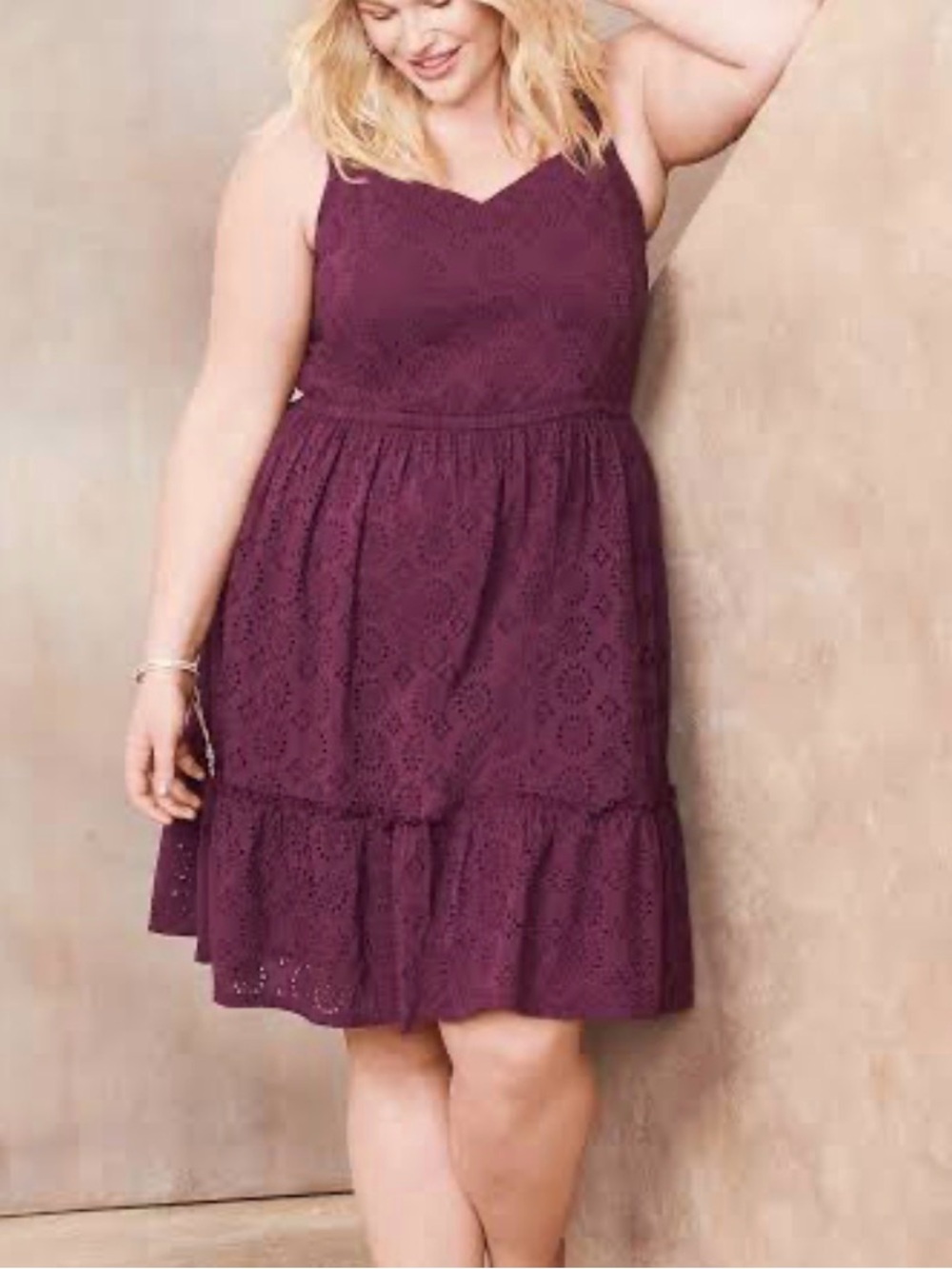 Lane Bryant Dress 20 Plum Purple Eyelet Lace Empire Waist Fit & Flare Cotton